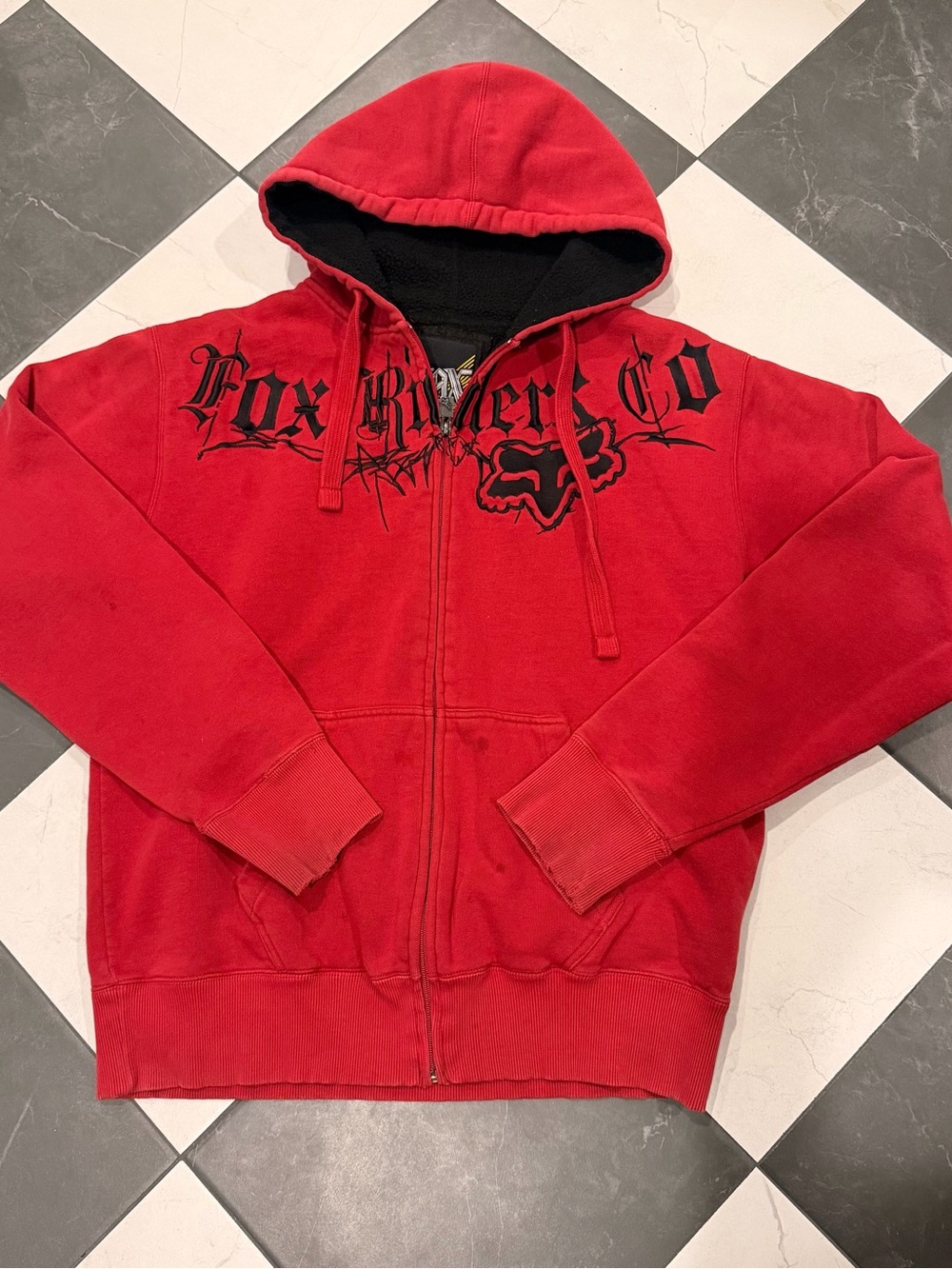 Vintage Fox racing Red Full-Zip Hooded Sweatshirt with Black Lining L